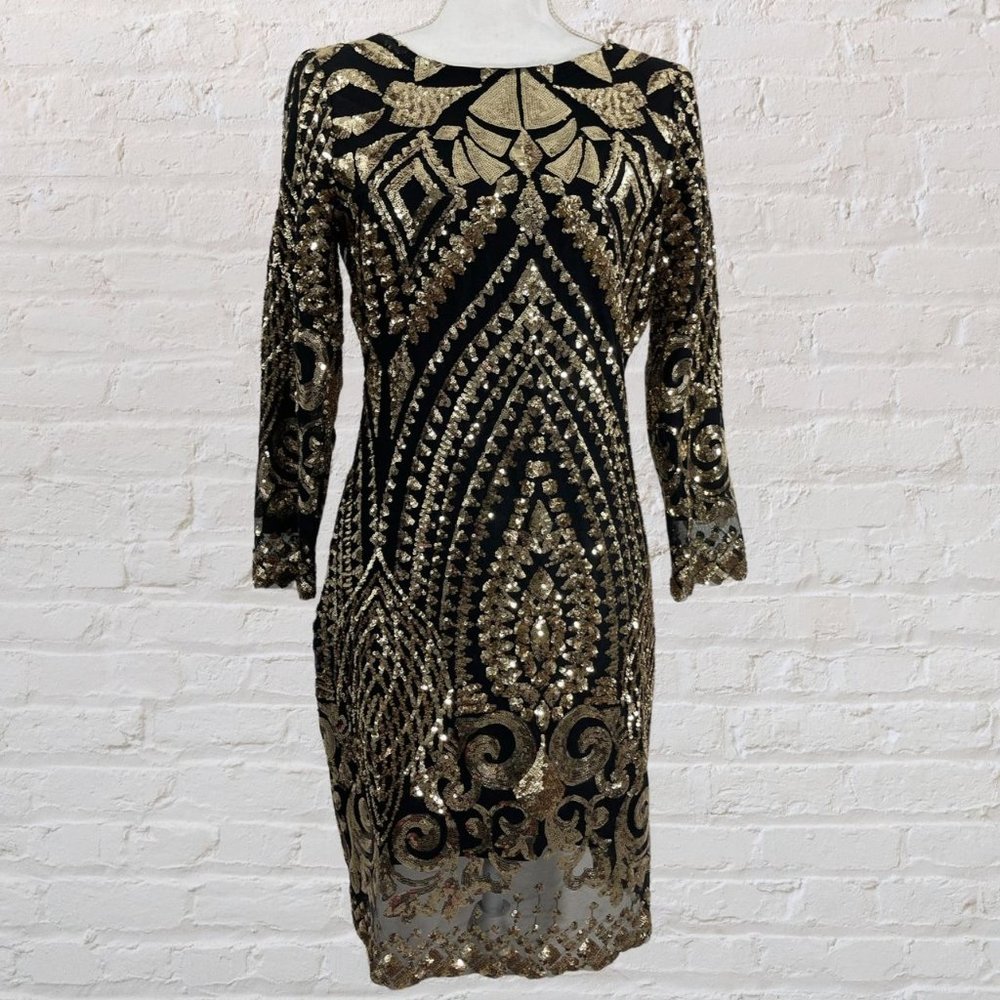 Brand New Gold and Black Giani Bini Sequined Long Sleeved Dress